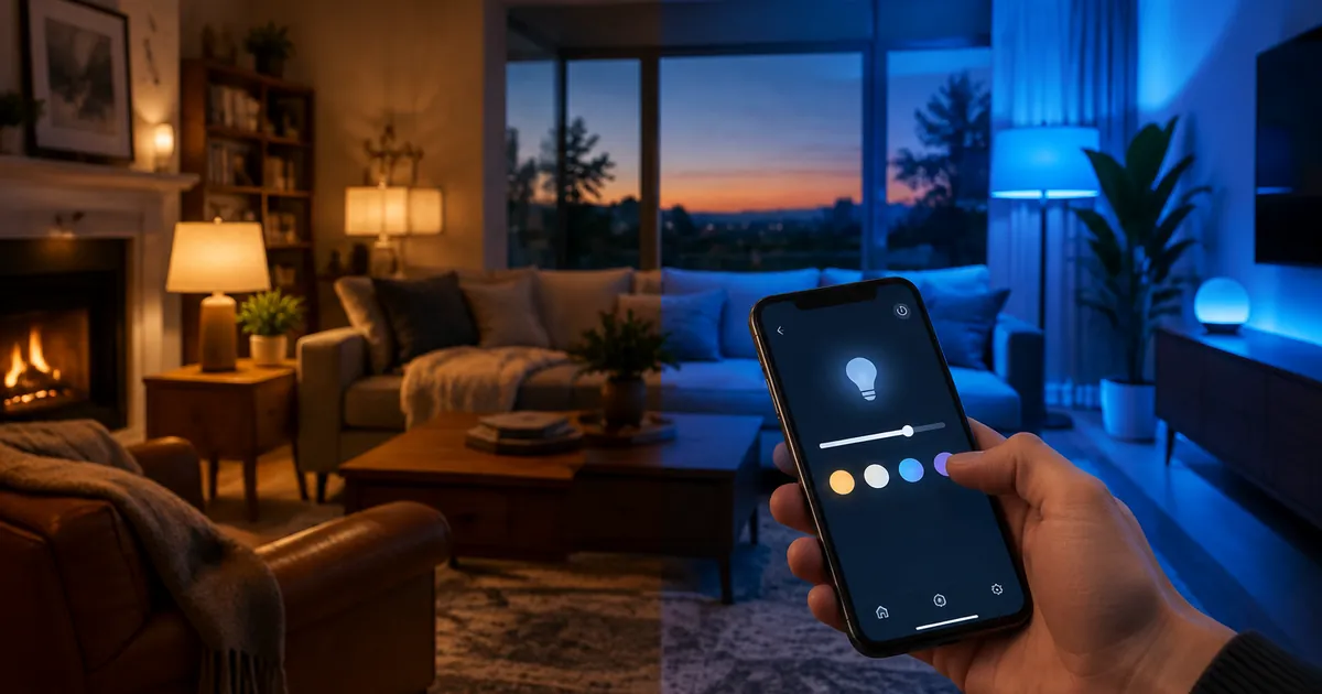 A modern living room transitioning from traditional lighting to smart lighting controlled by a smartphone
