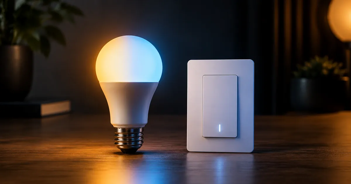 A smart bulb and a smart wall switch side by side on a wooden table with warm and cool light