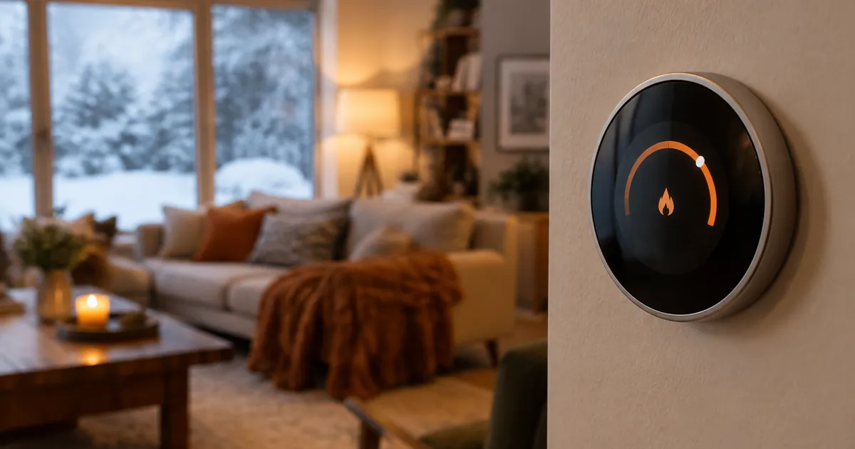 A modern smart thermostat on a wall with a cozy warm living room and winter visible through the window