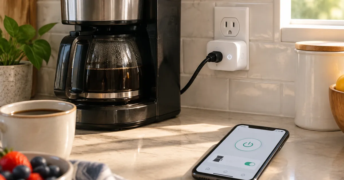 A smart plug connected to a coffee maker on a kitchen counter with a smartphone showing app control