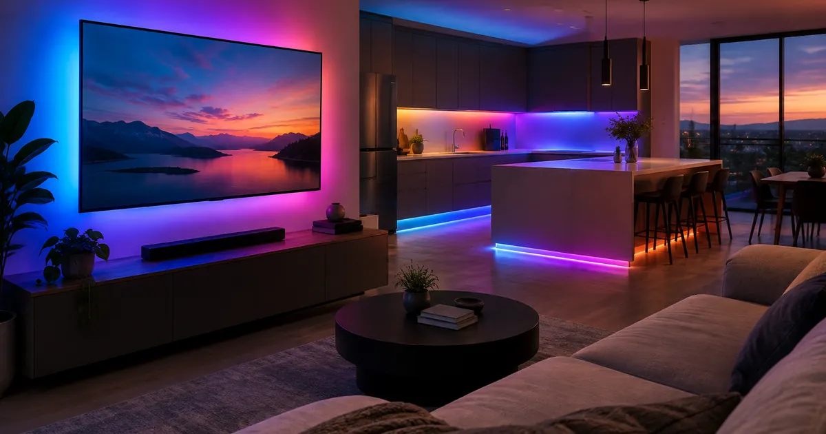LED strip lights in gradient colors installed behind a TV and along kitchen cabinets at dusk