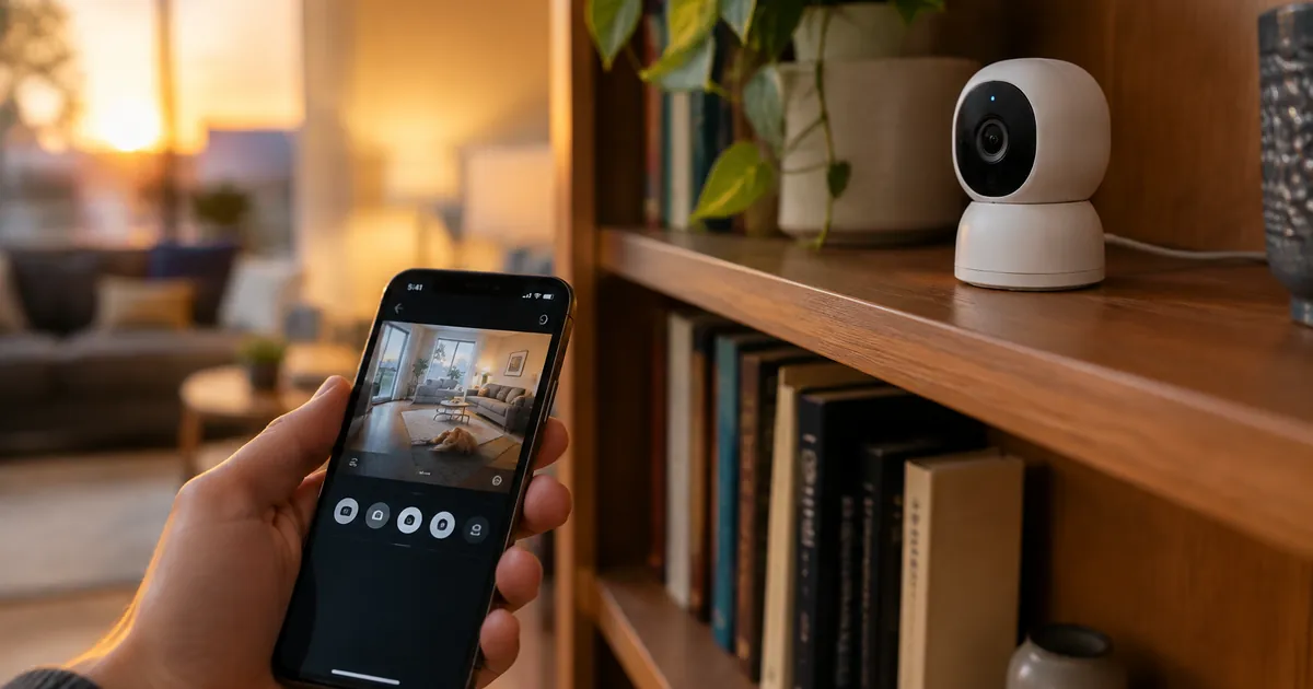 A compact white security camera on a bookshelf with a smartphone showing a live camera feed