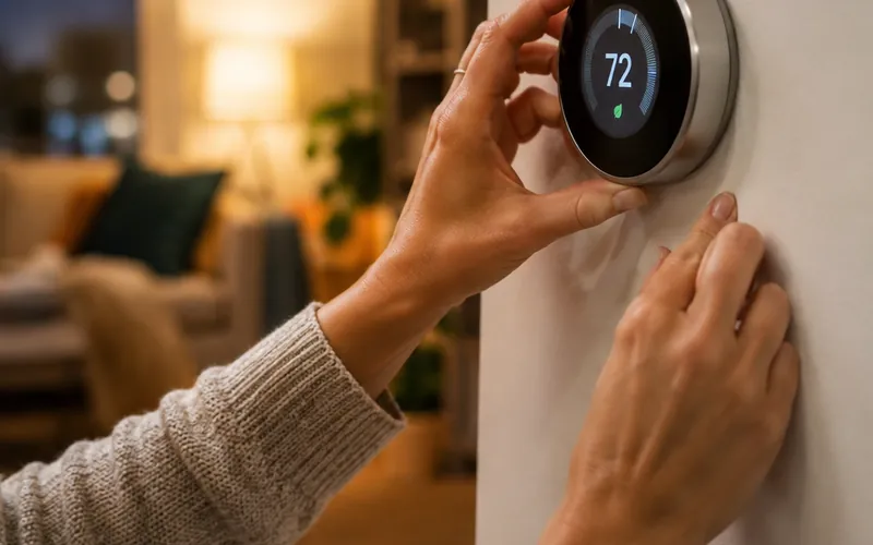 Hands adjusting a smart thermostat on a modern wall