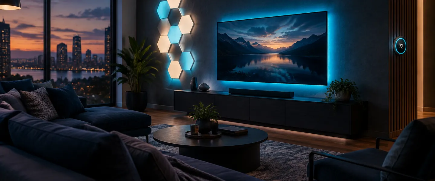 Modern living room at dusk with glowing hexagon smart light panels and LED strip lighting